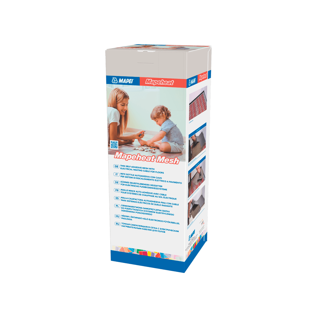 Box of Mapeheat Mesh floor heating system with features listed and image of an adult and child.