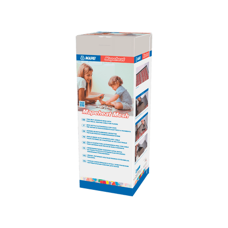 Box of Mapeheat Mesh floor heating system with features listed and image of an adult and child.