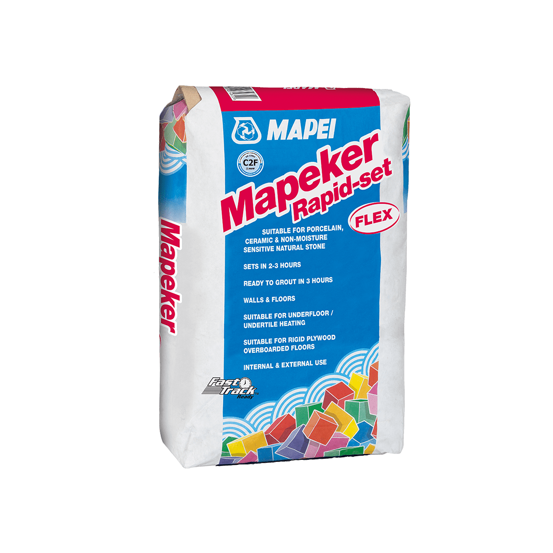 Bag of Mapeker Rapid-Set Flex tile adhesive with product details.