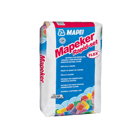 Bag of Mapeker Rapid-Set Flex tile adhesive with product details.