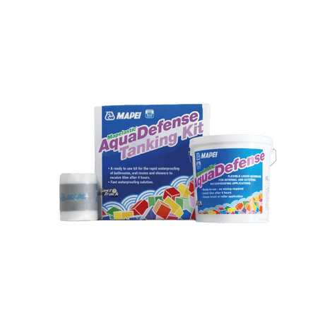 MAPEI Aqua Defense Tanking Kit with a blue box, a bucket, and a roll of fabric on a plain background.