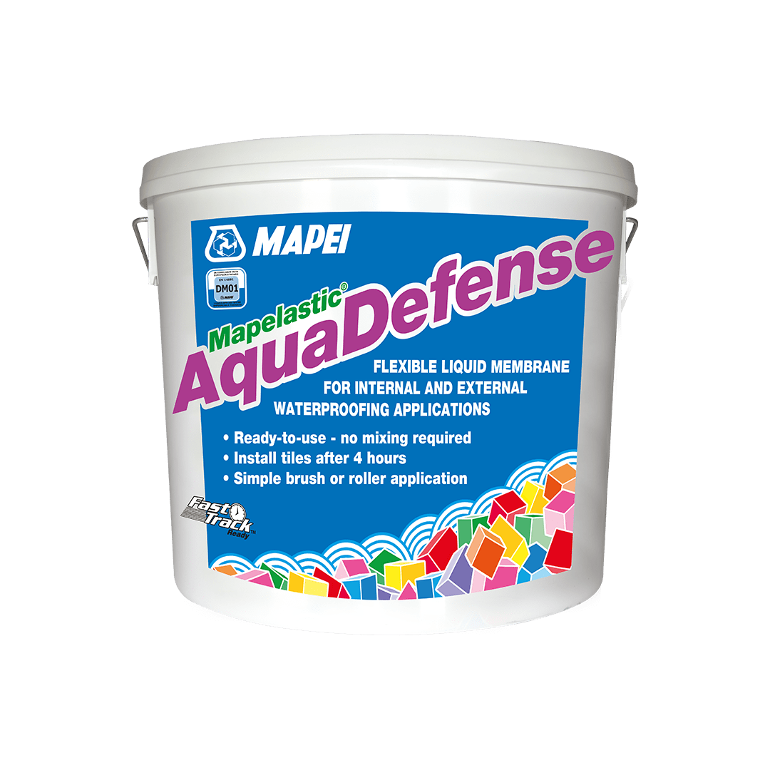 A bucket of Mapei Mapelastic AquaDefense waterproofing membrane.