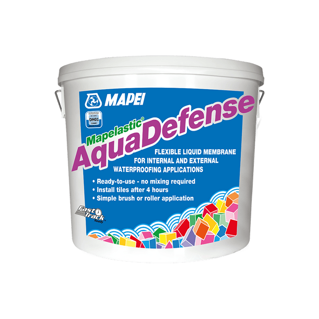 A bucket of Mapei Mapelastic AquaDefense waterproofing membrane.