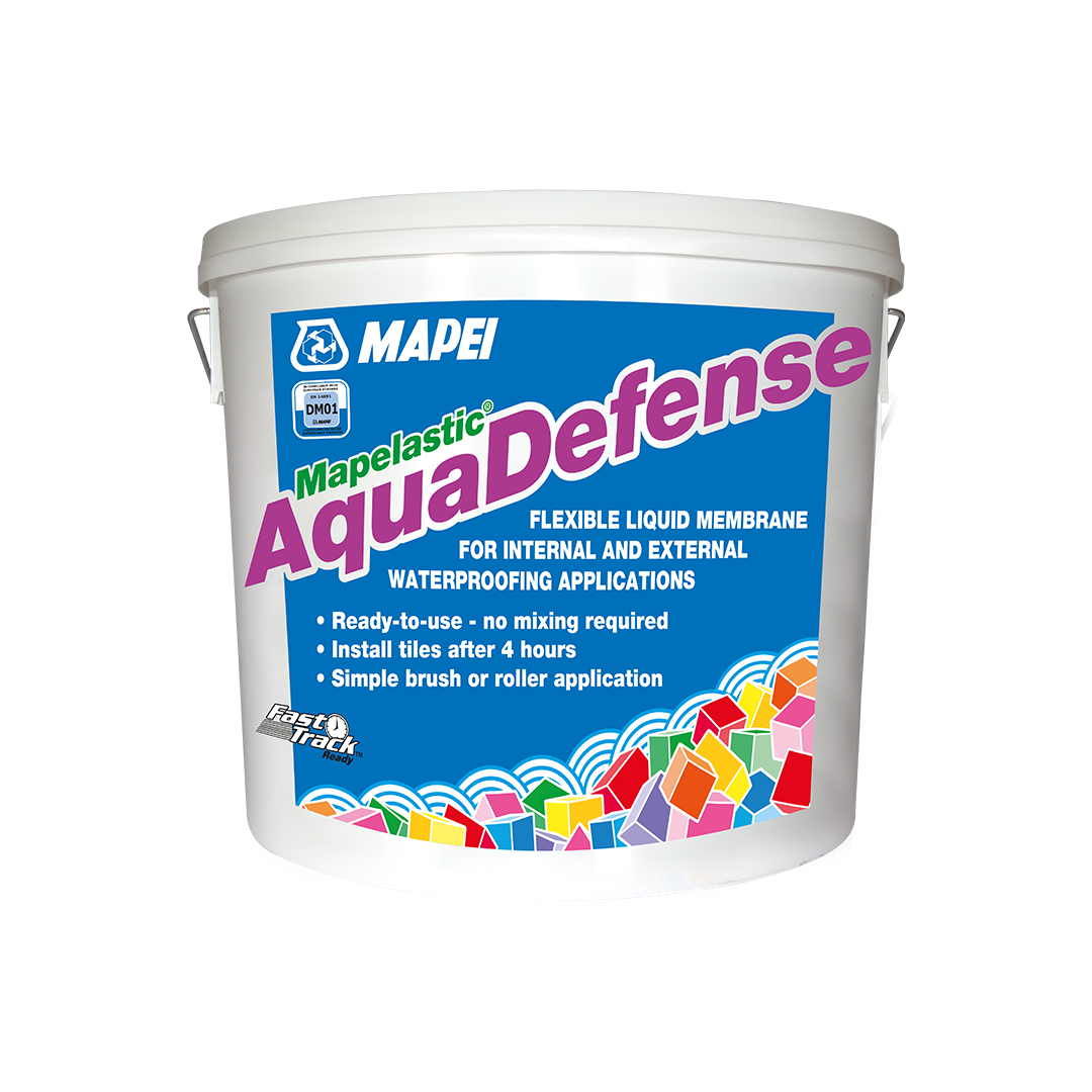 Container of Mapei Mapelastic AquaDefense waterproofing liquid membrane.