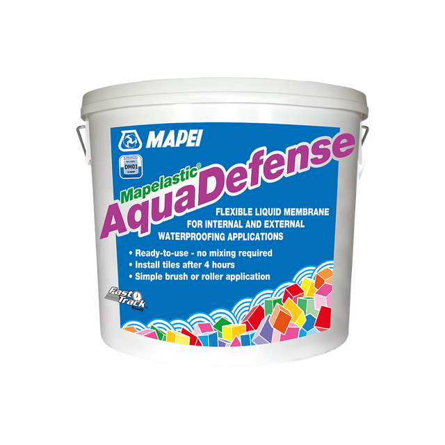 Container of Mapei Mapelastic AquaDefense waterproofing liquid membrane.