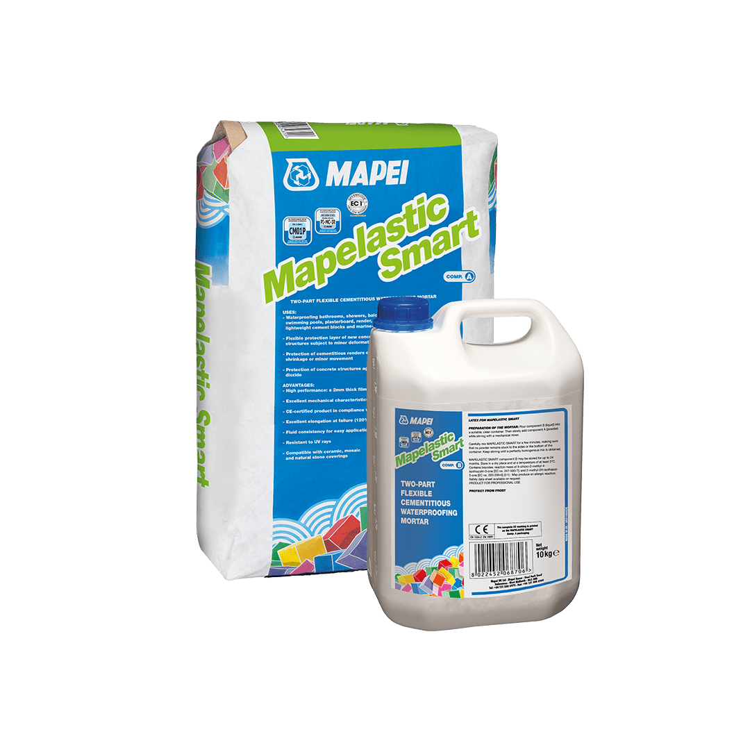 Alt text: A bag and a jug of Mapei Mapelastic Smart, two-part flexible cementitious waterproofing mortar.