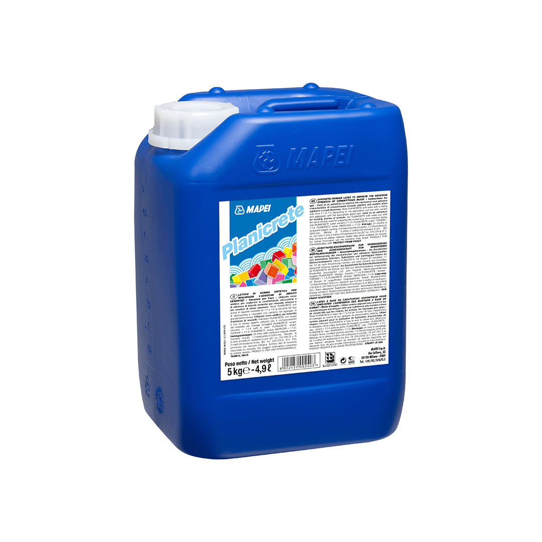 Blue plastic jerry can with a MAPEI Planicrete label, isolated on a transparent background.