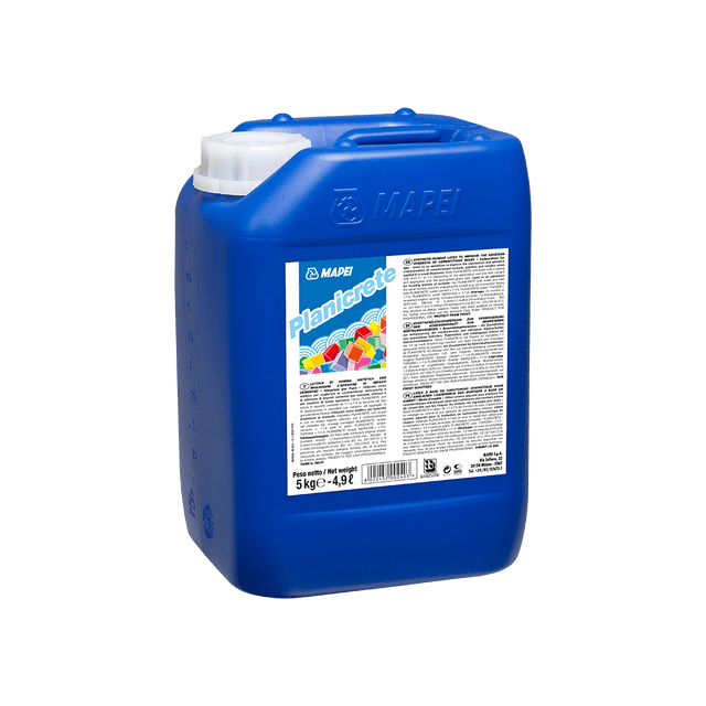 Blue plastic jerry can with a MAPEI Planicrete label, isolated on a transparent background.