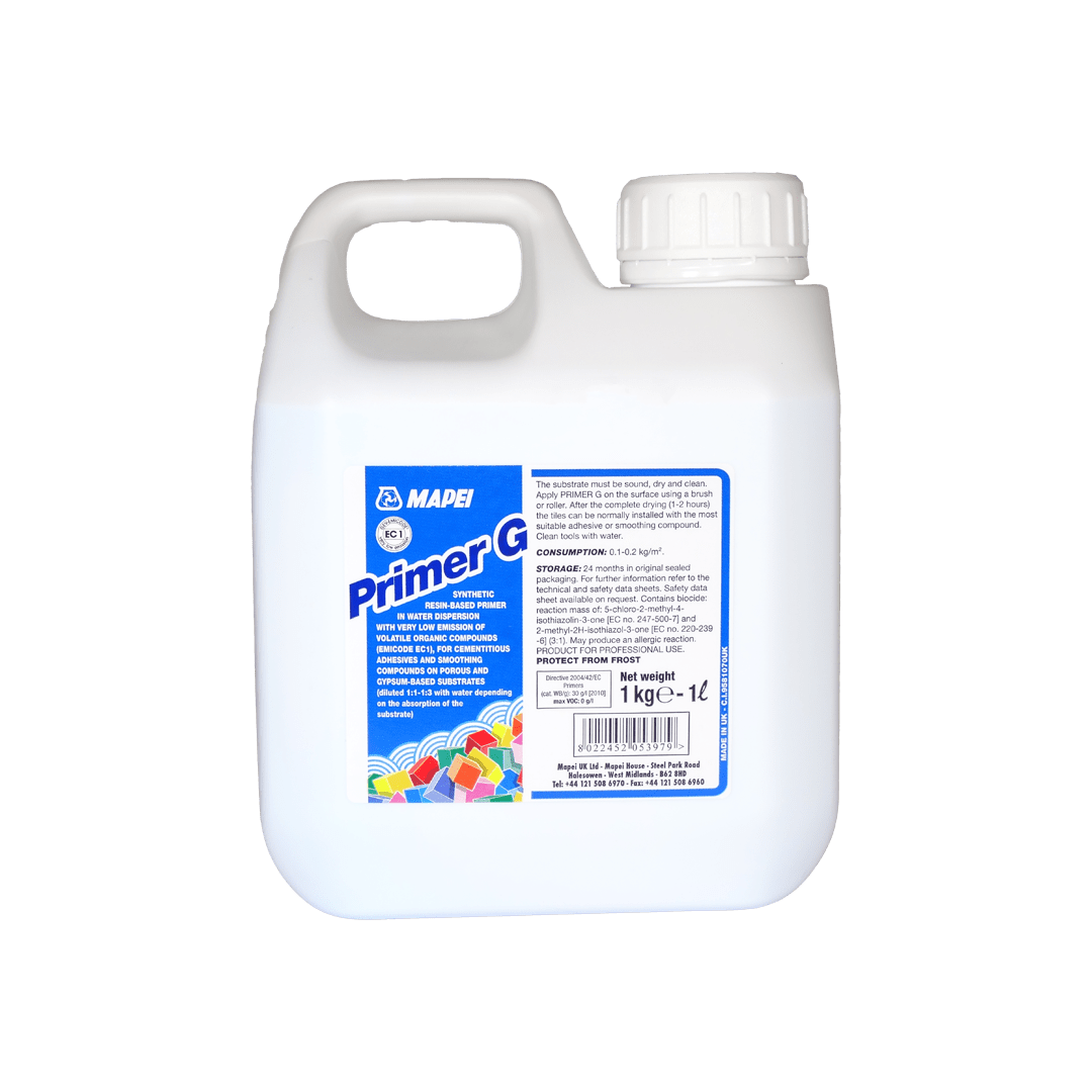 White plastic container of MAPEI Primer G with label and cap, isolated on a white background.