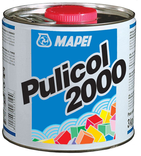 A can of Pulicol 2000 with a blue and white label, red lid, and Mapei logo.