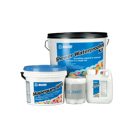 Alt text: Mapei Shower Waterproofing Kit with products for sealing a shower displayed on a white background.