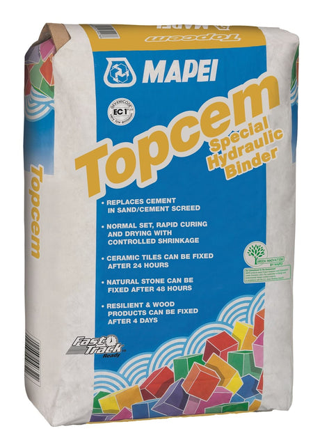 A bag of MAPEI Topcem hydraulic binder with product details and logos.