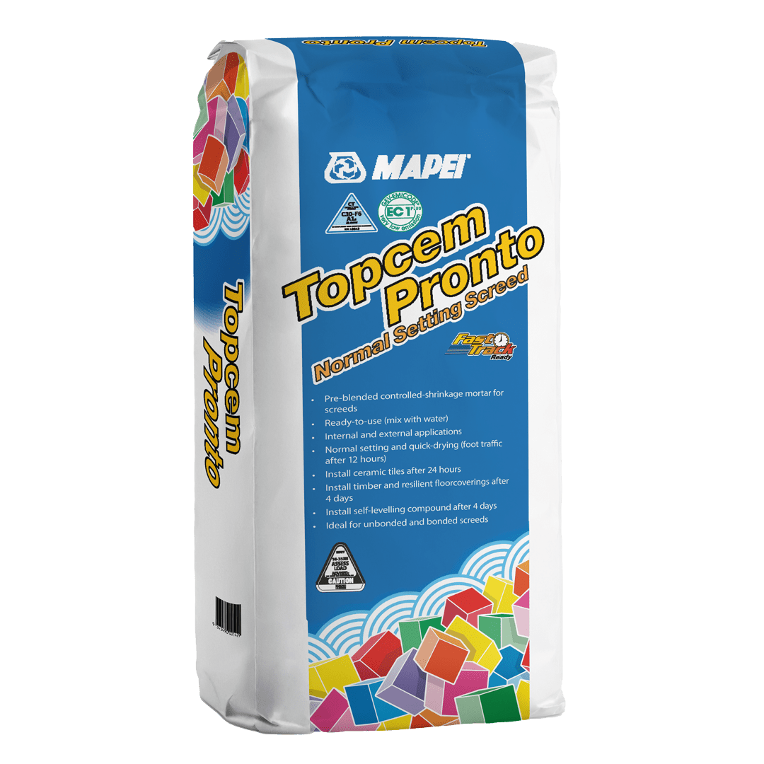 Bag of MAPEI Topcem Pronto mortar with product details and colorful design.