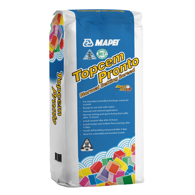 Bag of MAPEI Topcem Pronto mortar with product details and colorful design.