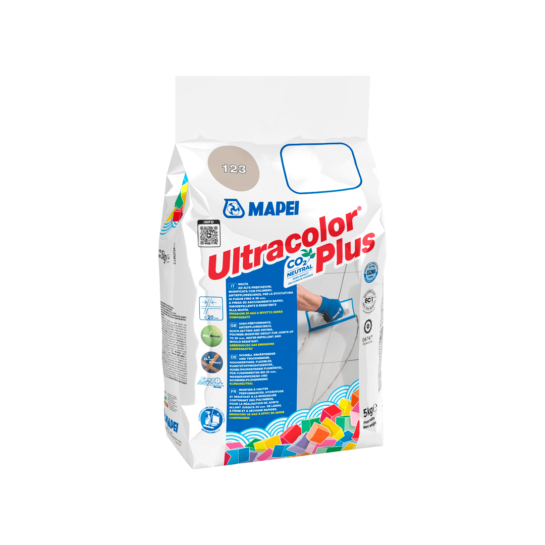 Bag of MAPEI Ultracolor Plus grout with labels and instructions.