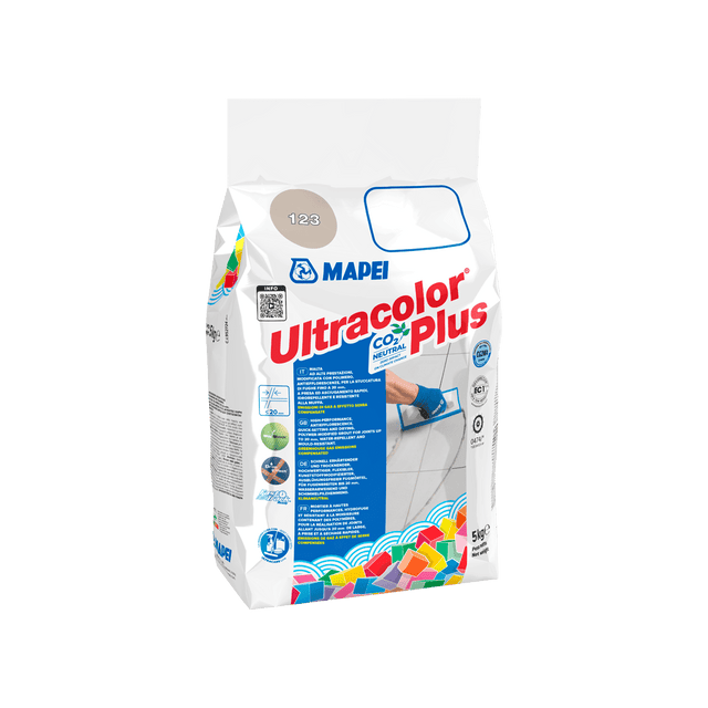 Bag of MAPEI Ultracolor Plus grout with labels and instructions.