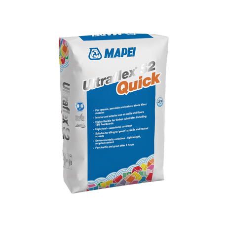 Bag of Mapei Ultralite S2 Quick tile adhesive with product details on packaging.