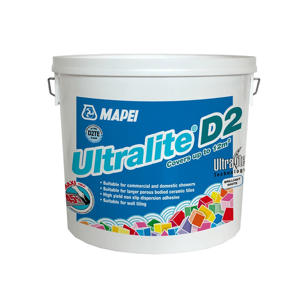 A bucket of Mapei Ultralite D2 tile adhesive with product details and branding.