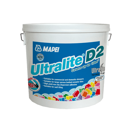 A bucket of Mapei Ultralite D2 tile adhesive with product details and branding.