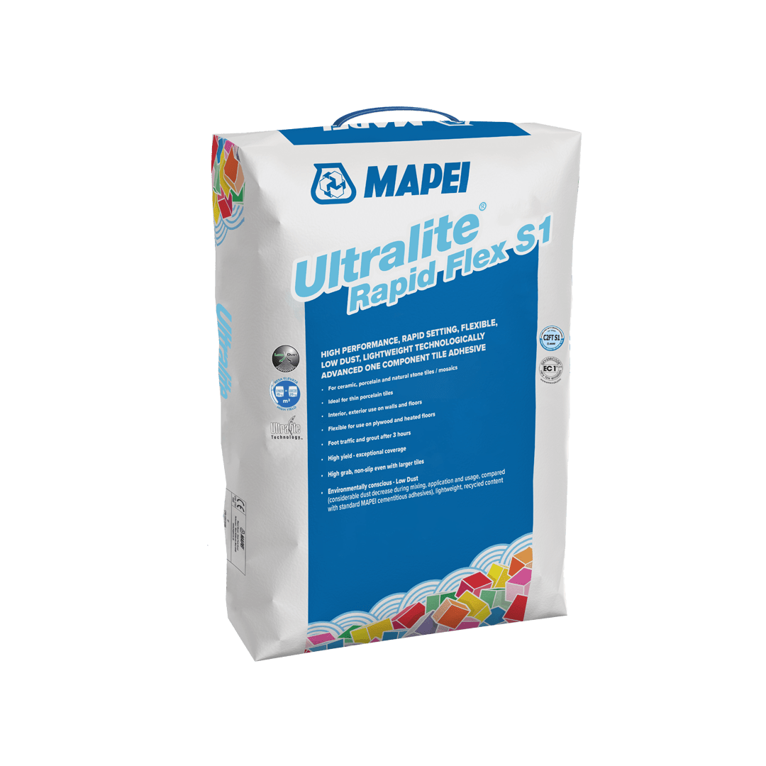 Bag of Mapei Ultralite Rapid Flex S1 tile adhesive on a white background.