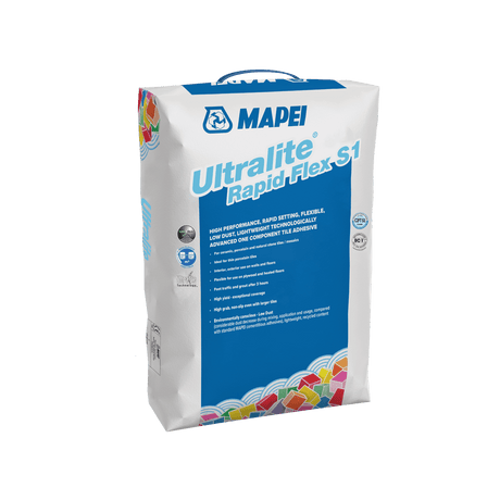 Bag of Mapei Ultralite Rapid Flex S1 tile adhesive on a white background.