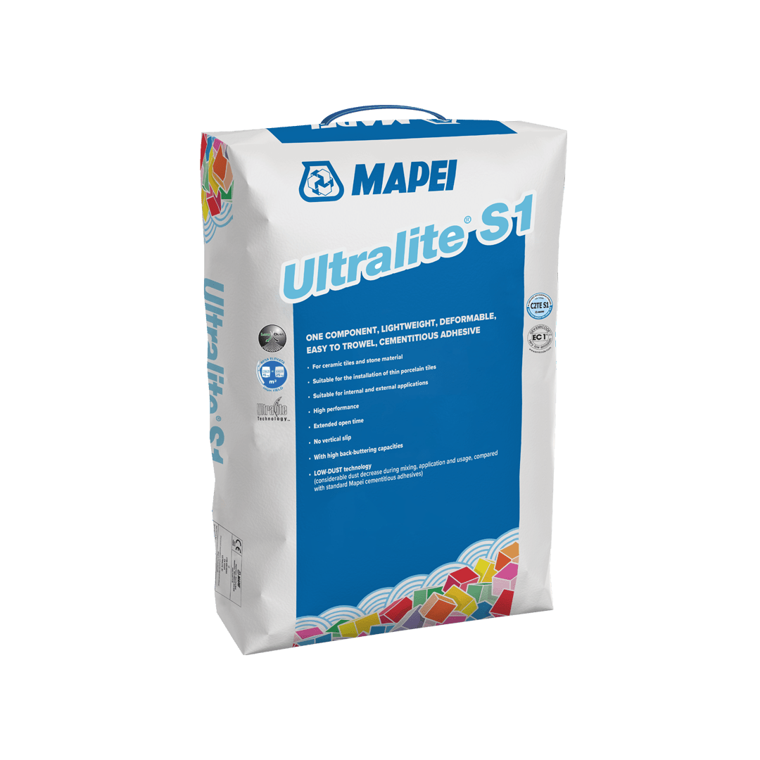 A Mapei Ultralite S1 adhesive bag on a transparent background.