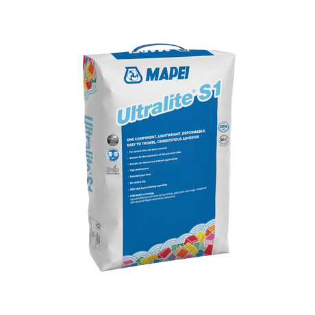 A Mapei Ultralite S1 adhesive bag on a transparent background.