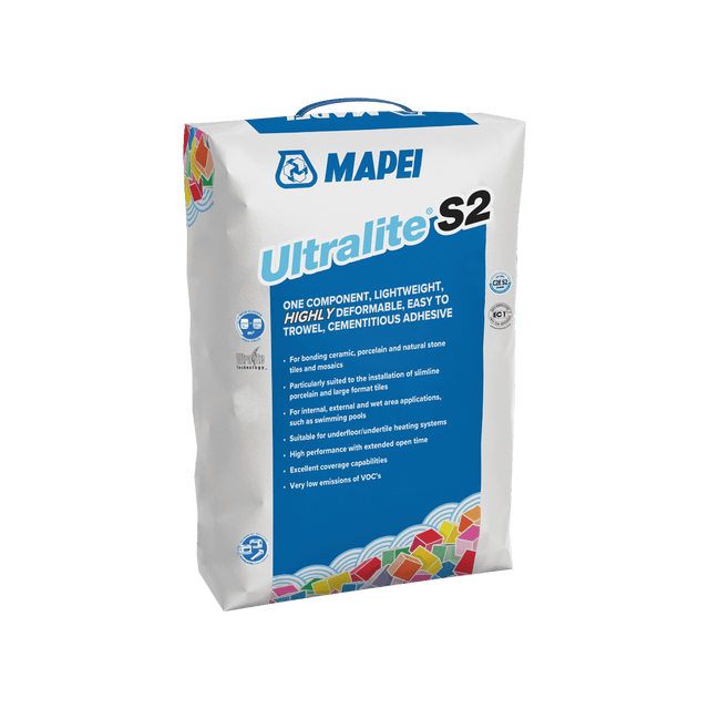 A bag of MAPEI Ultralite S2 tile adhesive with product details on the front.