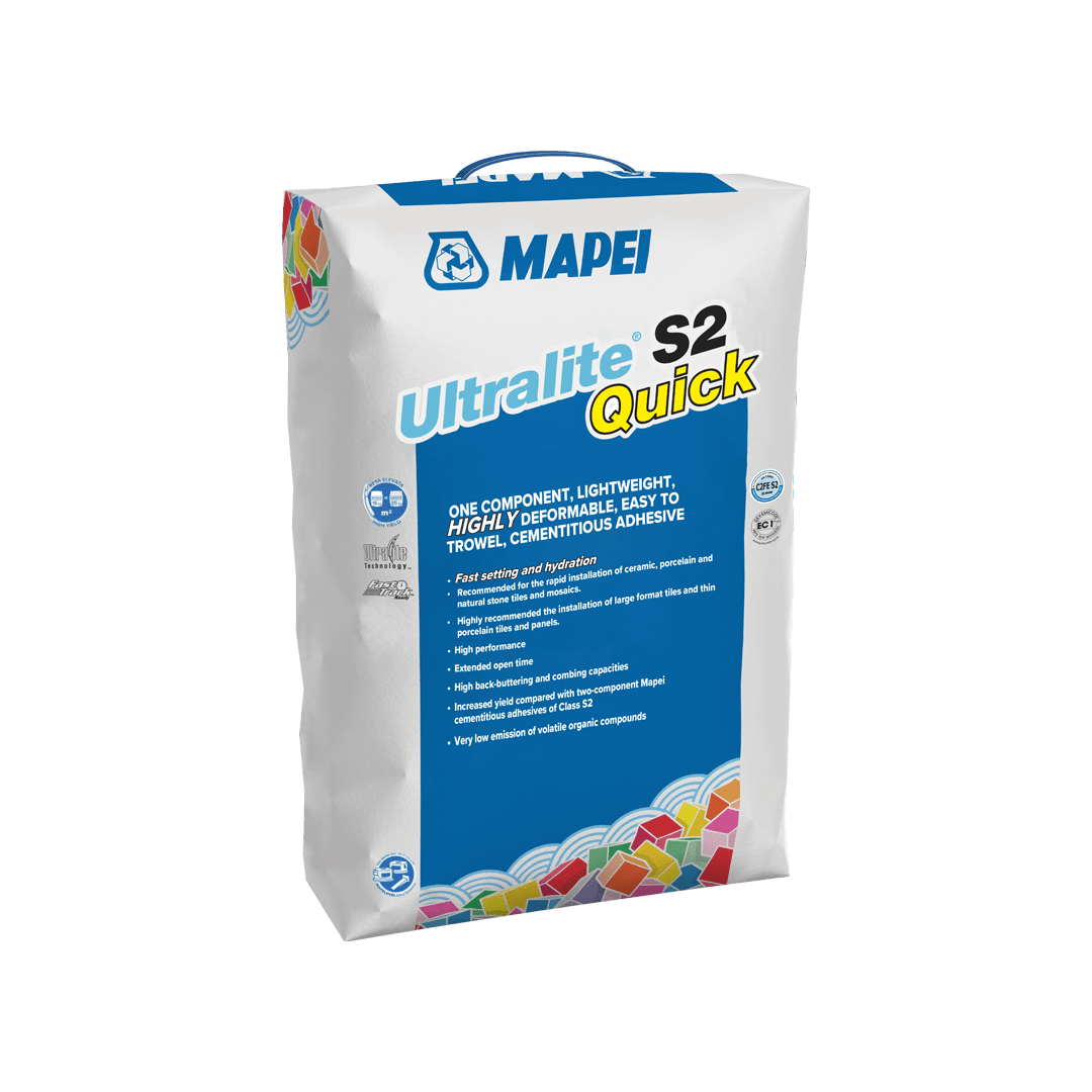 Bag of Mapei Ultralite S2 Quick cementitious adhesive on a transparent background.