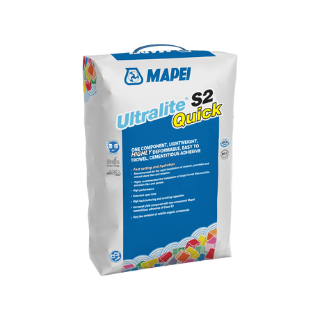 Bag of Mapei Ultralite S2 Quick cementitious adhesive on a transparent background.