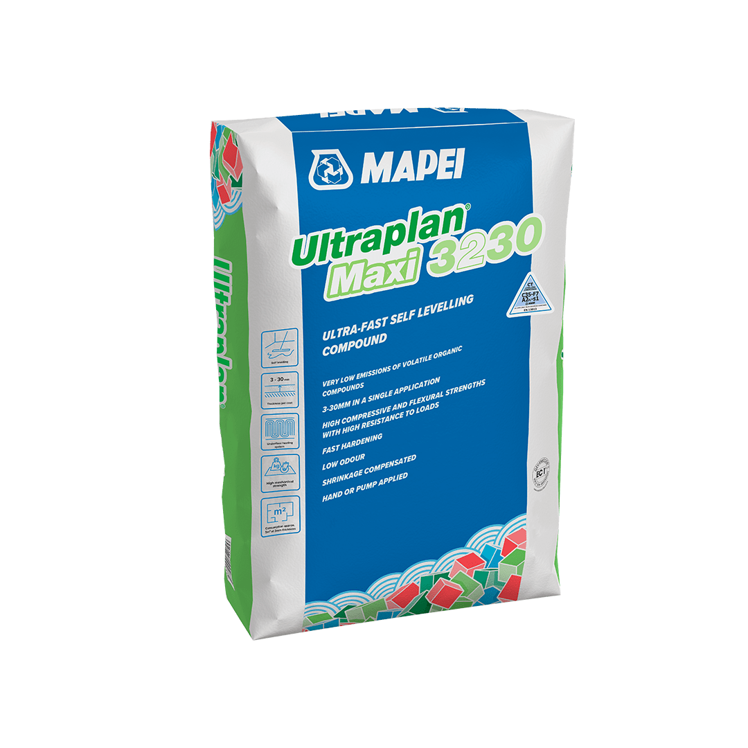 Bag of Mapei Ultraplan Maxi 3230 self-leveling compound on a white background.