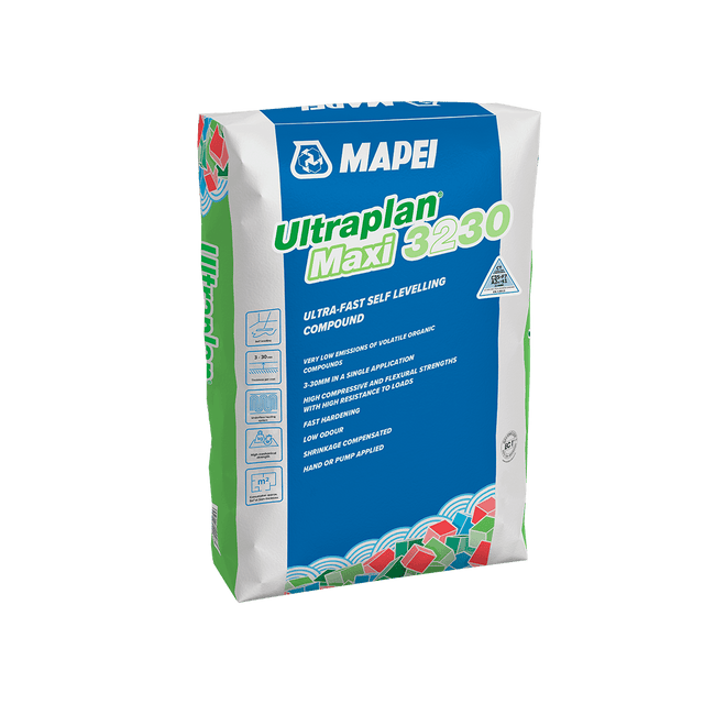 Bag of Mapei Ultraplan Maxi 3230 self-leveling compound on a white background.