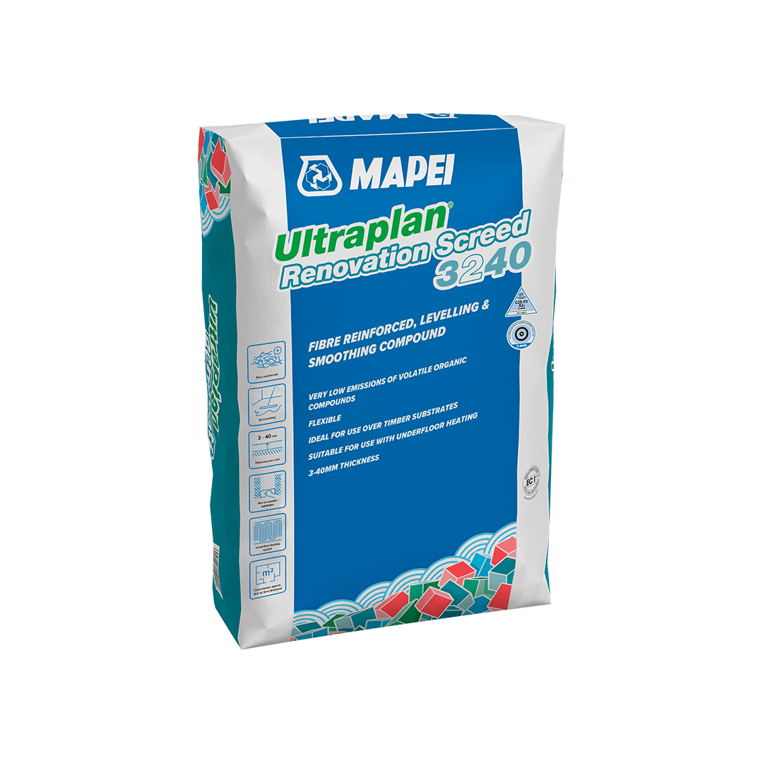 A bag of Mapei Ultraplan Renovation Screed 3240 leveling compound.