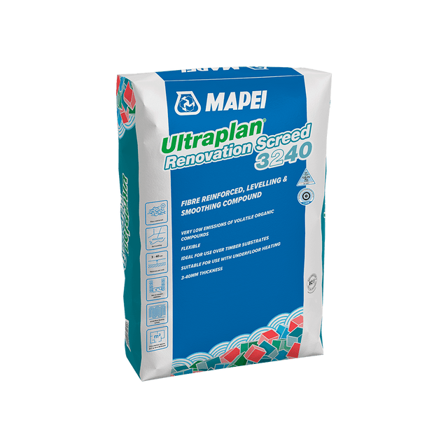 A bag of Mapei Ultraplan Renovation Screed 3240 leveling compound.