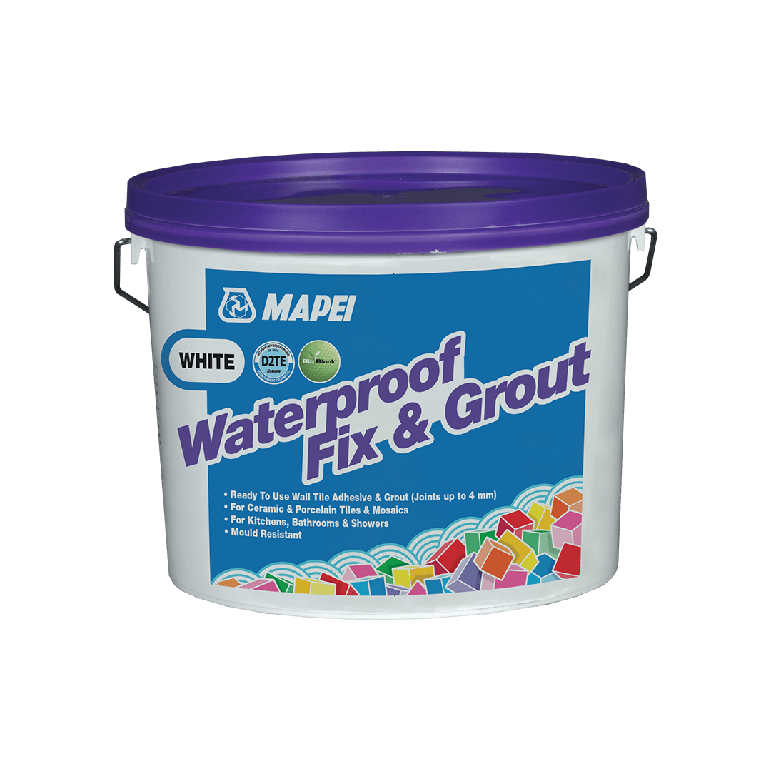 Bucket of Mapei white waterproof fix and grout for tiles, mold resistant.