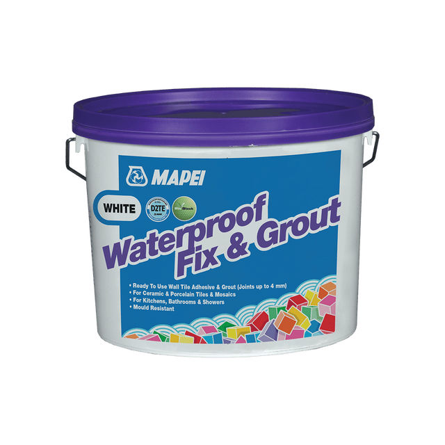 Bucket of Mapei white waterproof fix and grout for tiles, mold resistant.