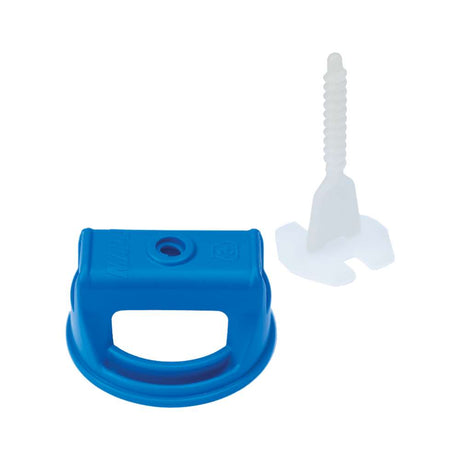 Blue plastic toggle anchor and white screw on a white background.