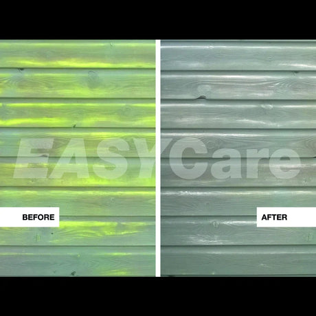 Jug of professional-grade algae remover for external surfaces with before/after images.