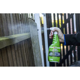 A bottle of Algae Remover concentrate for external surfaces with before and after images.