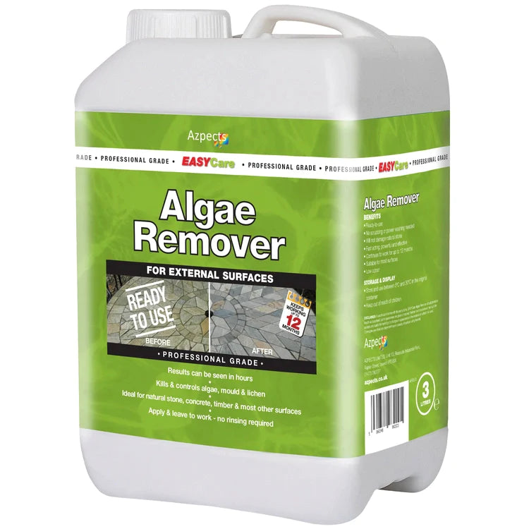 Jug of professional-grade algae remover for external surfaces with before/after images.