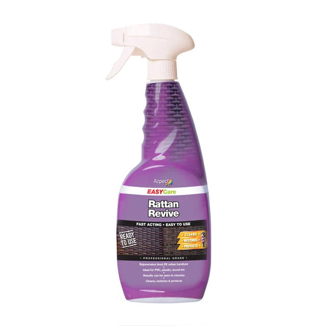 A bottle of Azpects EASYCare Rattan Revive spray for cleaning and restoring rattan furniture.