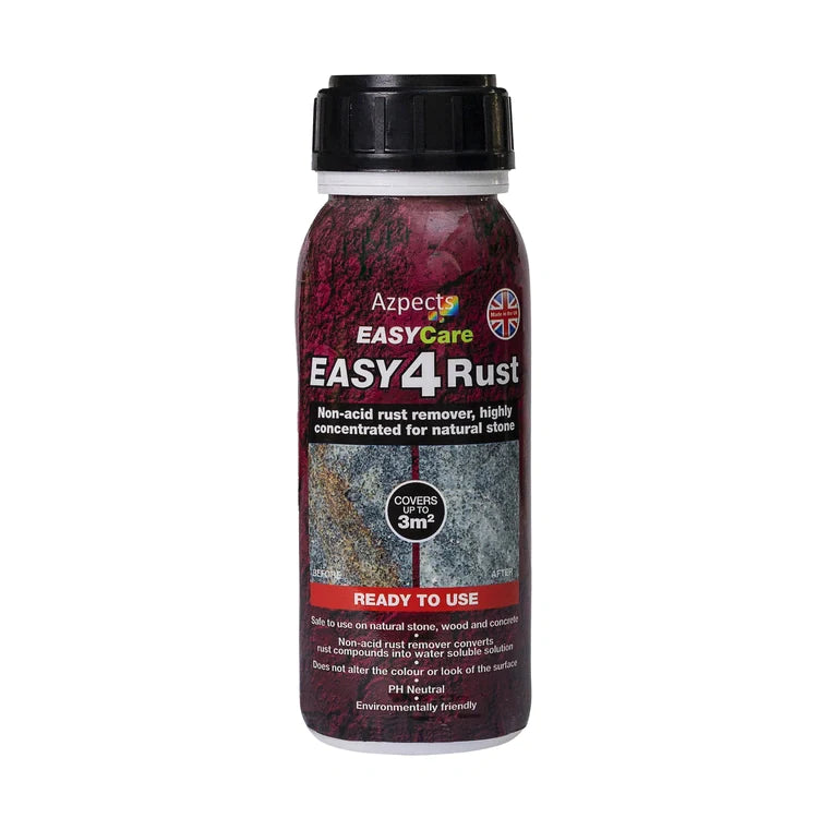 A bottle of Azpects EASYCare EASY4Rust non-acid rust remover for natural stone.