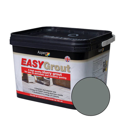 A bucket of EASYGrout for porcelain and ceramic paving with a color sample on the corner.