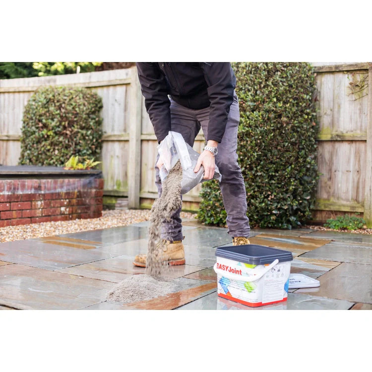 Container of EASYJoint all-weather paving joint compound with a close-up of the texture.