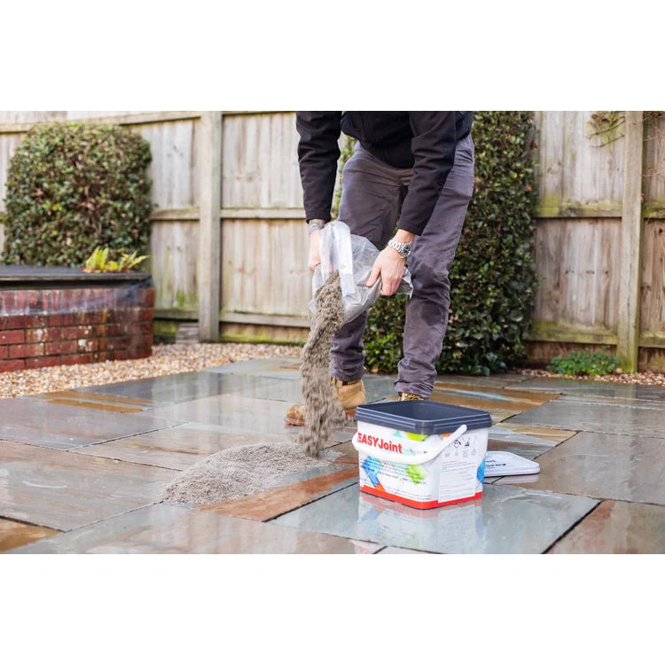 A container of EASYJoint all-weather paving joint compound with a sample detail.