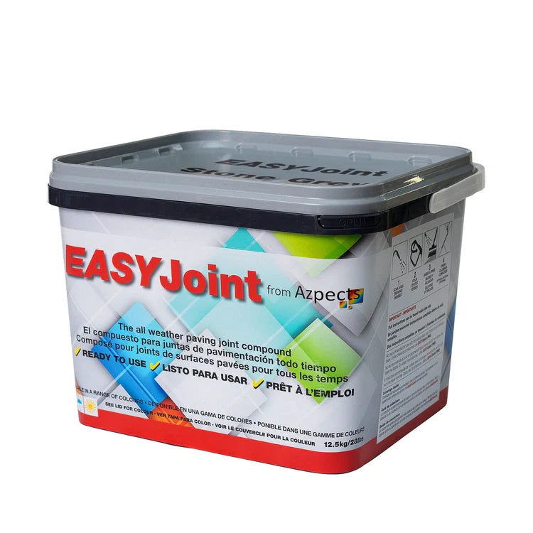 Container of EASYJoint all-weather paving joint compound by Azpects with a close-up of the granular material.