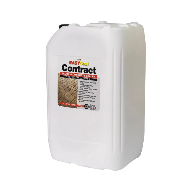 White plastic jerrycan labeled "EasySeal Contract Block & Concrete Sealer, Professional Grade, 20 Litres."