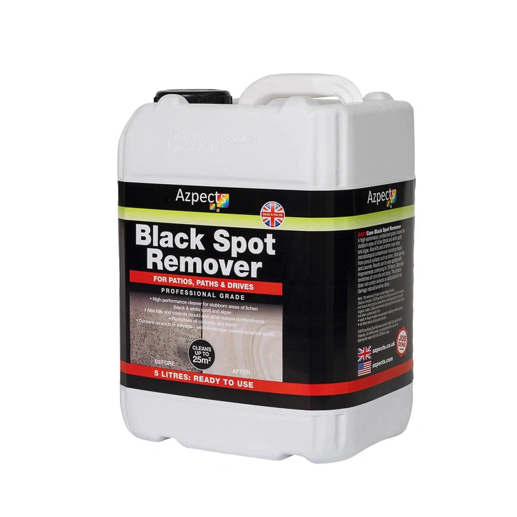 A 5-litre container of Azpects professional-grade Black Spot Remover for patios and drives.