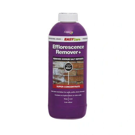 Bottle of Efflorescence Remover+ that removes sodium salt deposits, with before and after images.