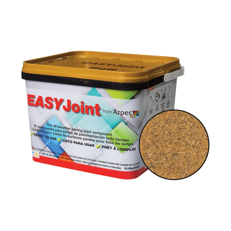 A container of EASYJoint all-weather paving joint compound with a sample detail.